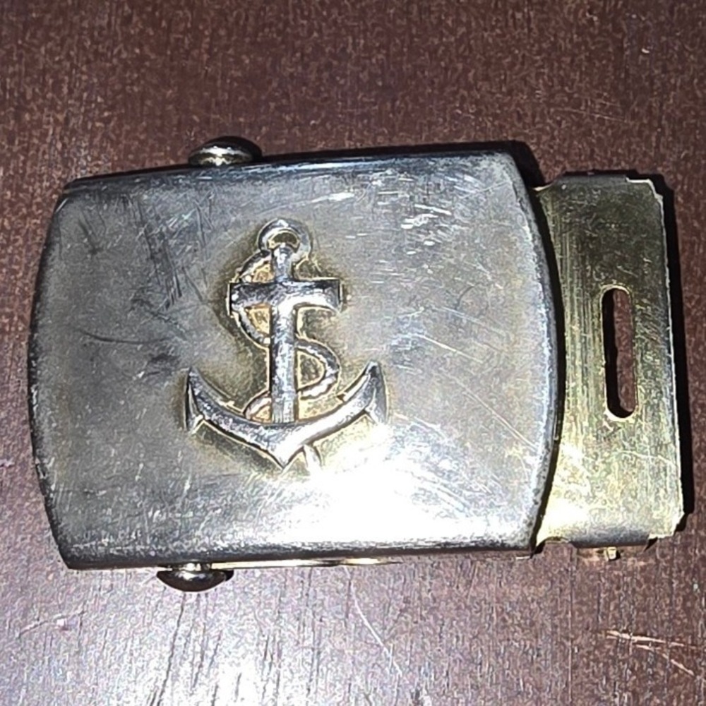 Vintage Solid Brass Anchor Web Belt Buckle Silver Tone Made in USA Nautical
